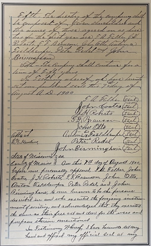 Part of the letter sent requesting a charter for a bank in Vienna. It is signed by the original eight shareholders of The Maries County Bank.