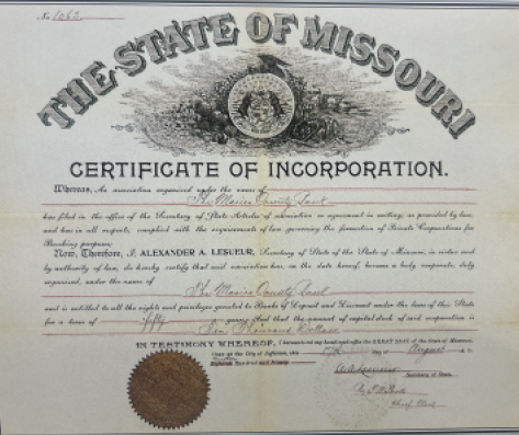 The certificate issued in 1900 authorizing the formation of The Maries County Bank.
